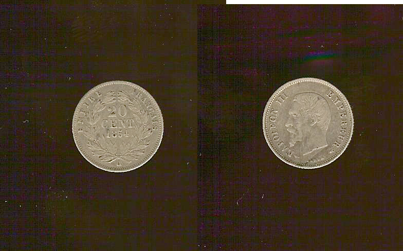 20 centimes Napoléon III, tête nue 1854 Paris F.148/2 TTB à TTB+